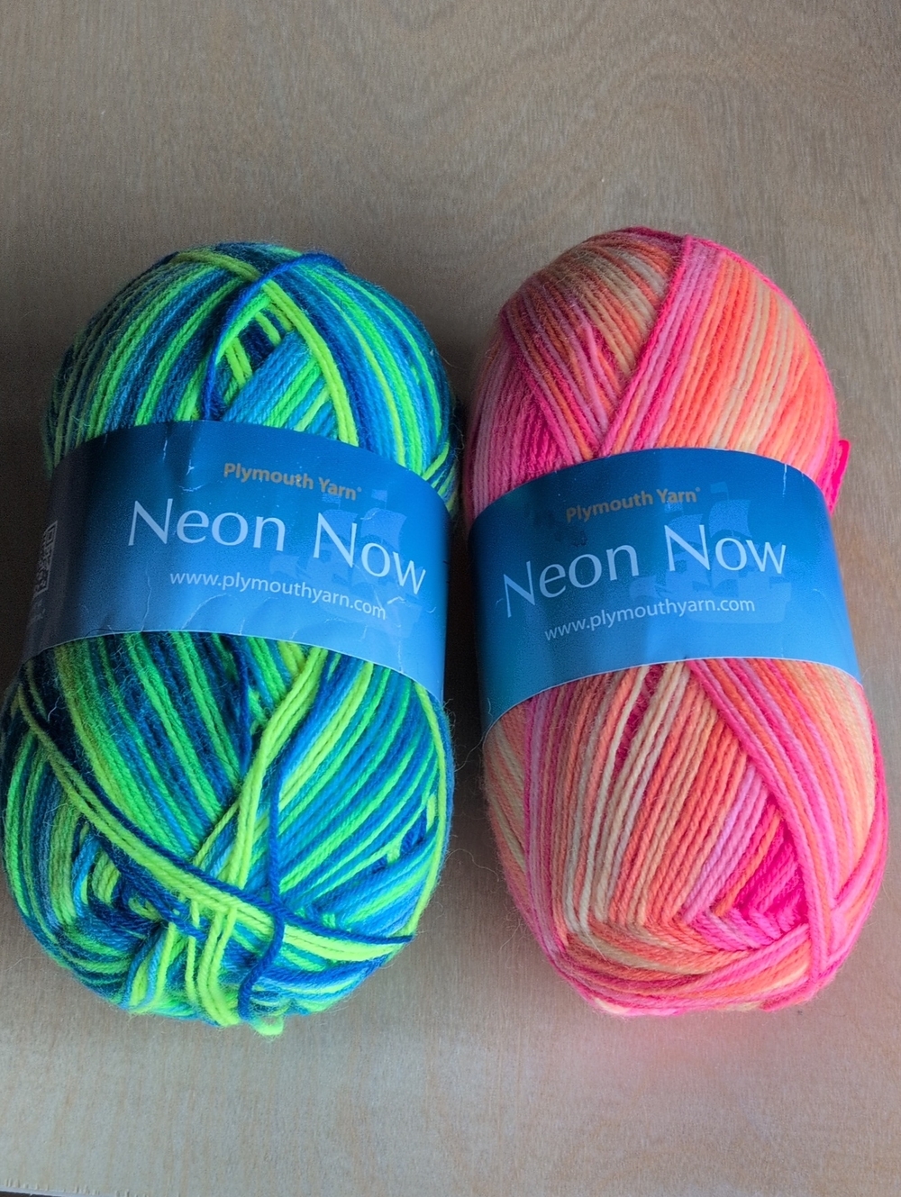 2 Skeins "Neon Now" Sock- By Plymouth Yarns  Blue/Green, Pink/Orange De-stash!